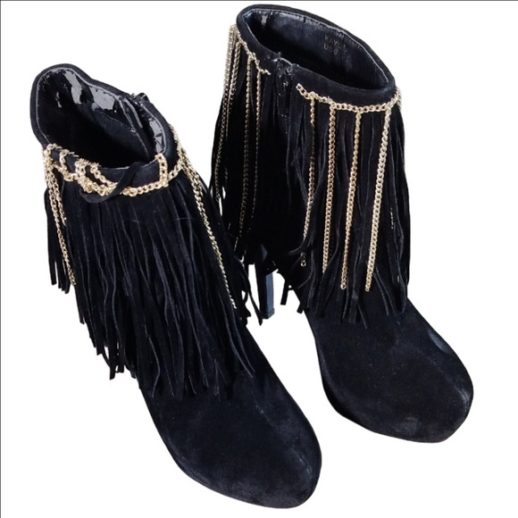 Scene Weaver Shoes - Scene Weaver Black and Gold Fringe Ankle Booties